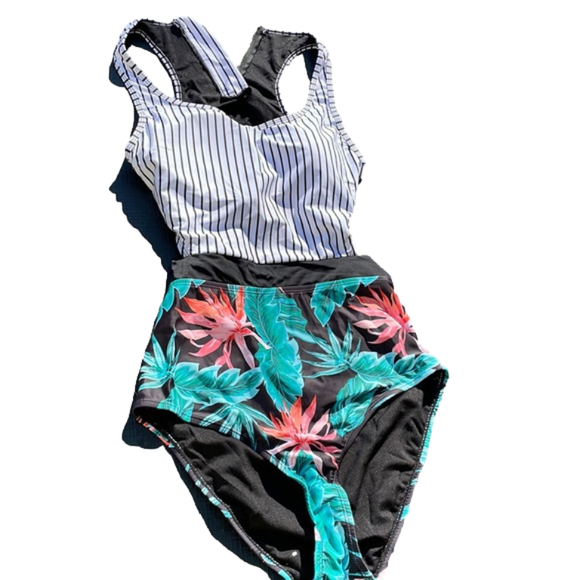 Molybell One Piece Swimsuit Stripes Leaf Print Tummy Control L NWT - Picture 7 of 9